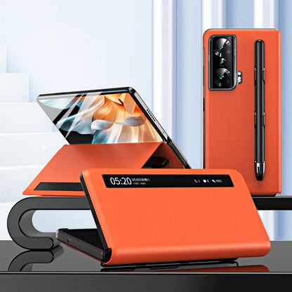 Orange leather phone case with side window view and pen slot for Honor Magic Vs