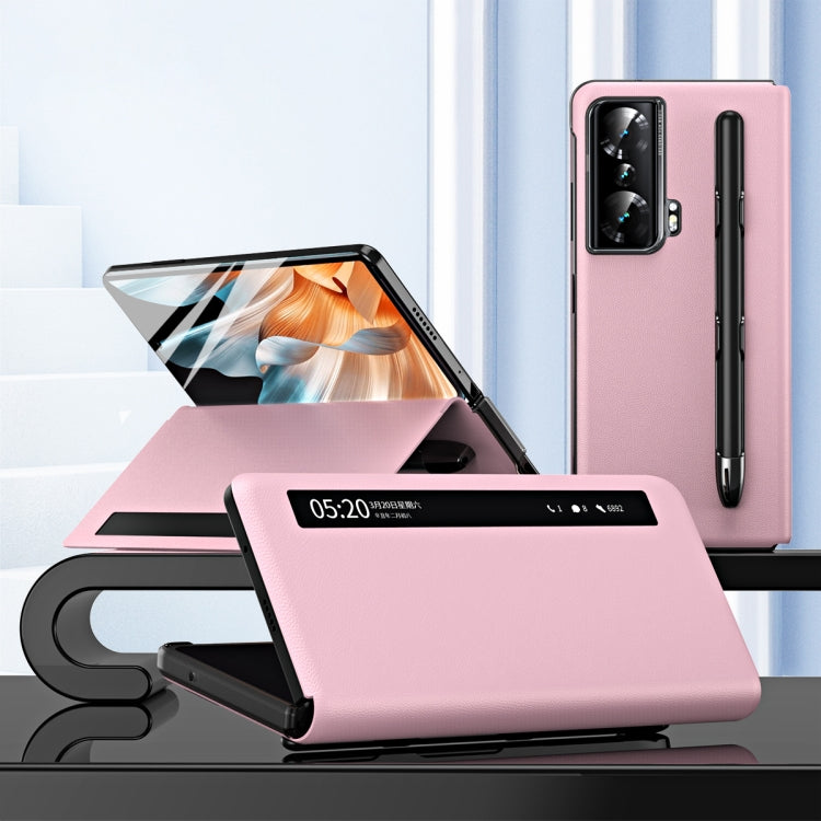 Pink leather phone case with side window view and pen slot for Honor Magic Vs