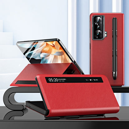 Red leather phone case with side window view and pen slot for Honor Magic Vs