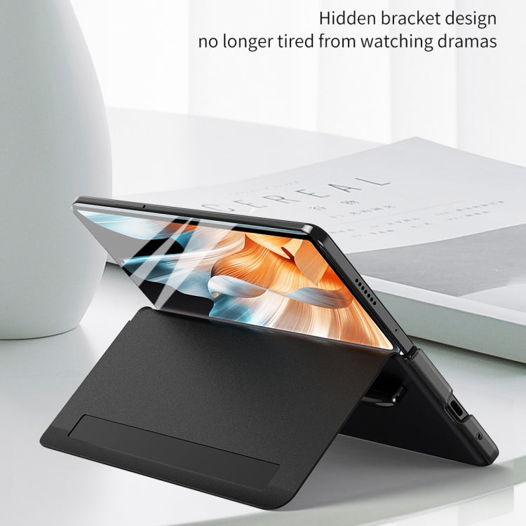 Black leather phone case with kickstand and side window view