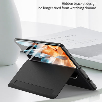Black leather phone case with kickstand and side window view
