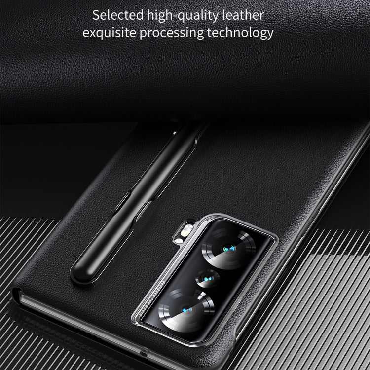 Black leather phone case with pen slot, camera cutout, and textured surface