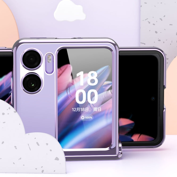 Purple fold phone case with transparent back window, electroplated frame and hinge