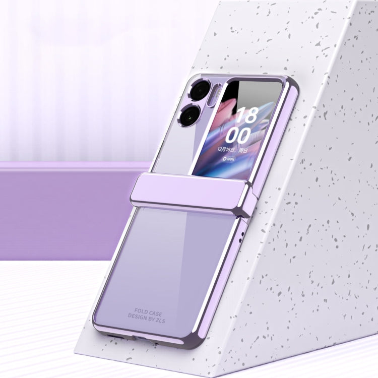 Purple electroplating suction phone case with transparent window and foldable back cover