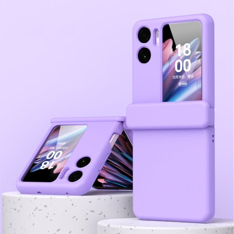Purple three-piece magnetic hinge phone case with protective film, front and back shown
