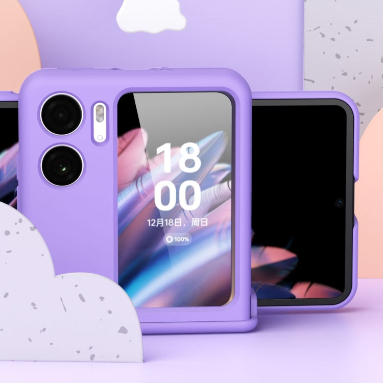Lavender three-piece magnetic hinge phone case with protective film, phone front visible