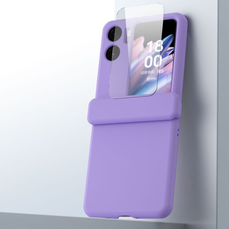 Lavender three-piece magnetic hinge phone case with protective film, close-up angle