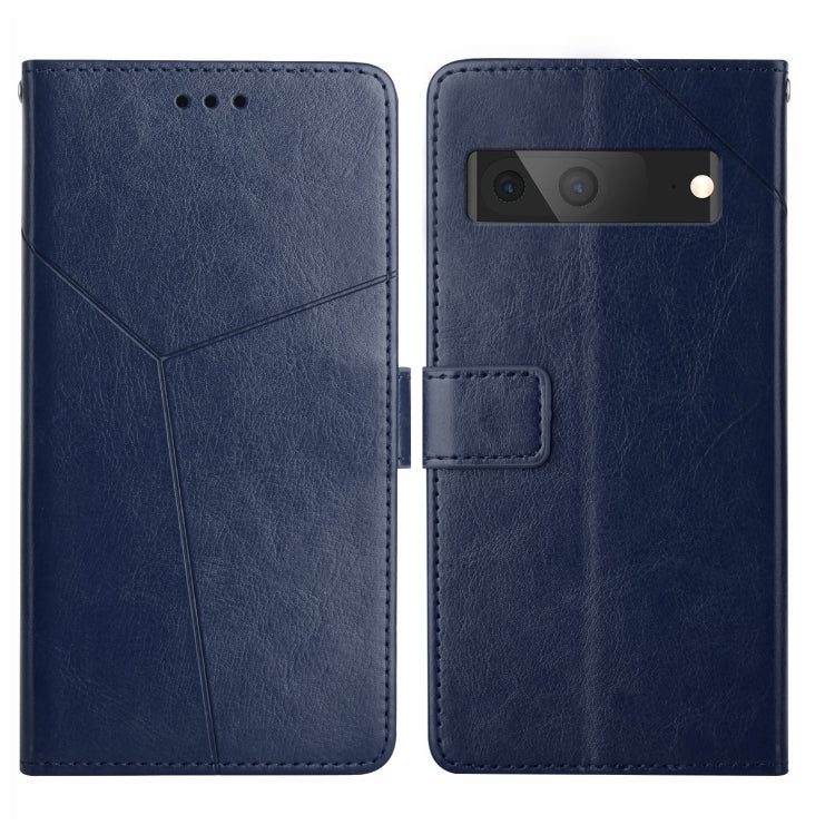 Blue leather flip phone case with Y-shaped pattern, magnetic closure, and camera cutout
