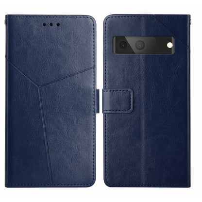 Blue leather flip phone case with Y-shaped pattern, magnetic closure, and camera cutout