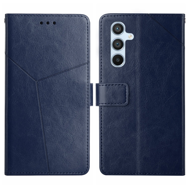 Blue Y-pattern flip leather phone case with camera cutout and side button tab