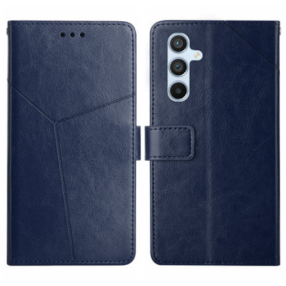 Blue Y-pattern flip leather phone case with camera cutout and side button tab