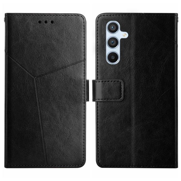Black Y-pattern flip leather phone case with camera cutout and side button tab