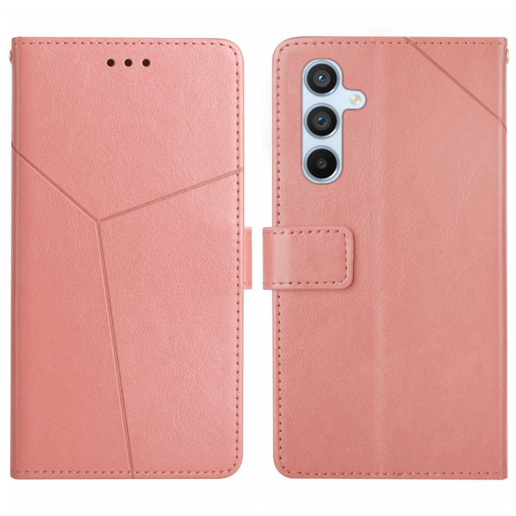Pink Y-pattern flip leather phone case with camera cutout and side button tab
