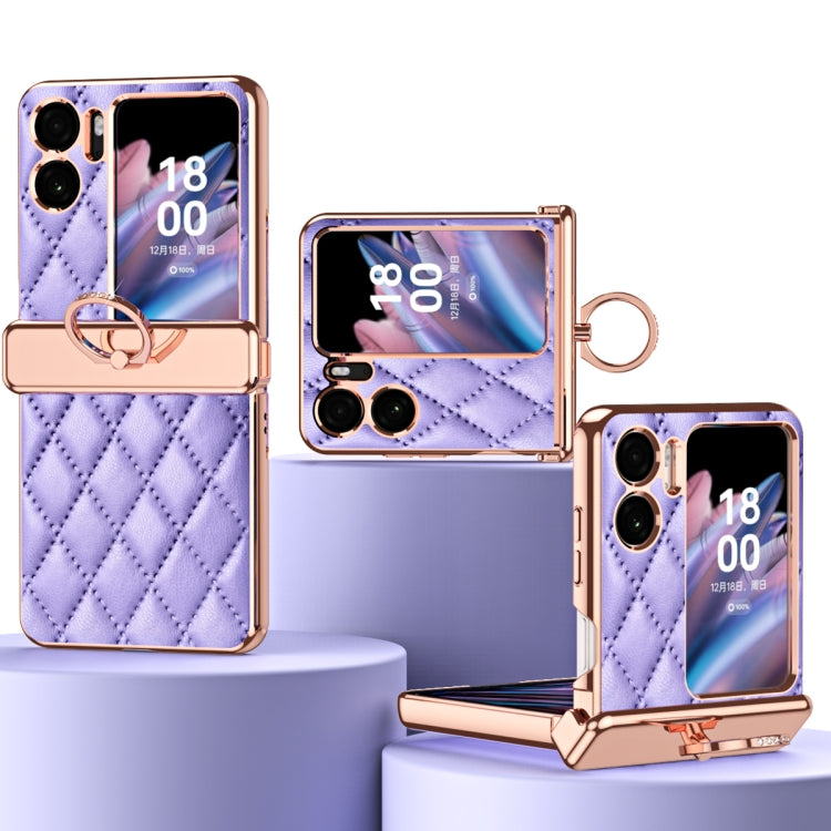 Magnetic leather phone case with purple rhombus pattern, electroplated frame and ring