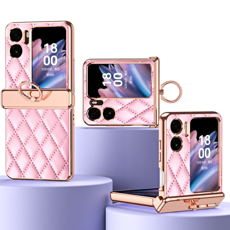 Magnetic leather phone case with pink rhombus pattern, electroplated frame and ring