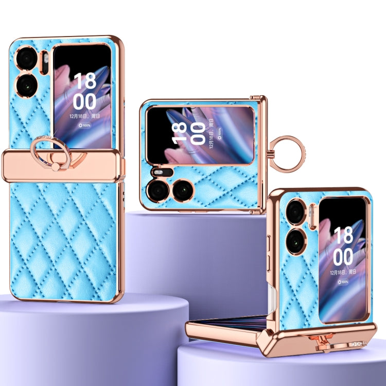 Magnetic leather phone case with blue rhombus pattern, electroplated frame and ring