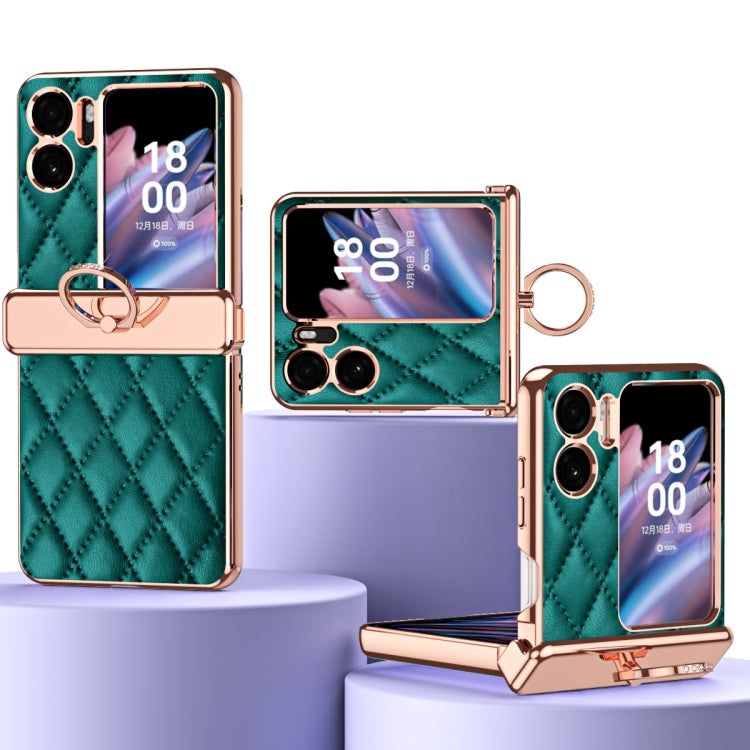 Magnetic leather phone case with green rhombus pattern, electroplated frame and ring