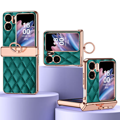 Magnetic leather phone case with green rhombus pattern, electroplated frame and ring