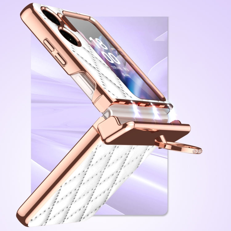 Rose-gold magnetic leather phone case with rhombus pattern and ring stand