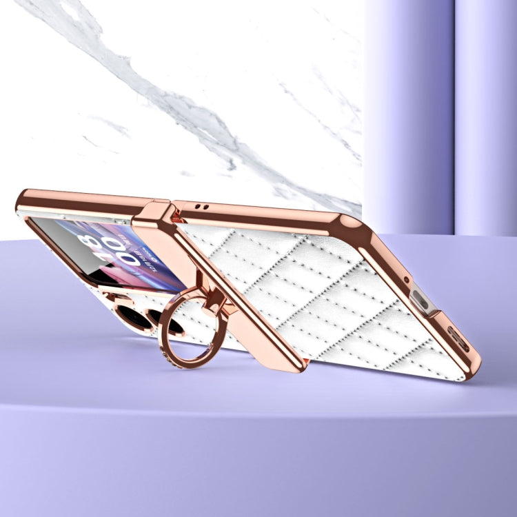 White rhombus magnetic leather phone case with electroplated frame and ring