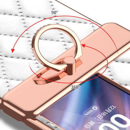 Magnetic leather phone case ring detail on white rhombus pattern back