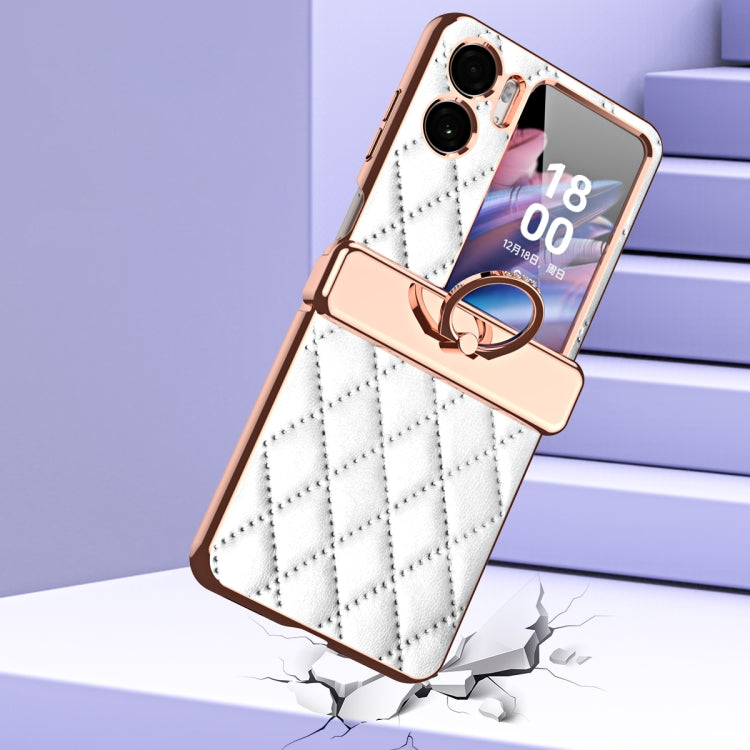 White rhombus magnetic leather phone case with ring, electroplated edges
