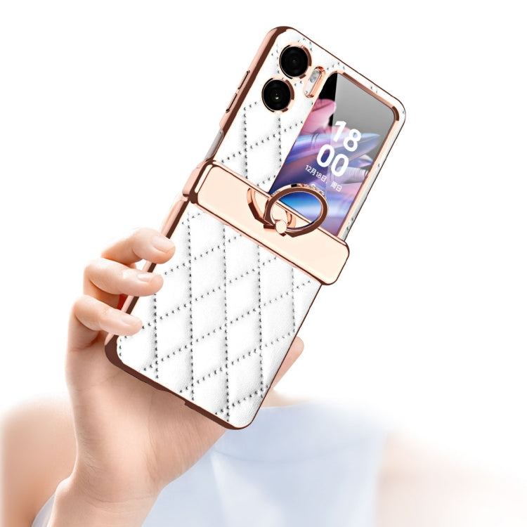White rhombus-pattern magnetic leather phone case with built-in ring holder
