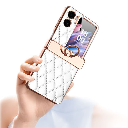 White rhombus-pattern magnetic leather phone case with built-in ring holder