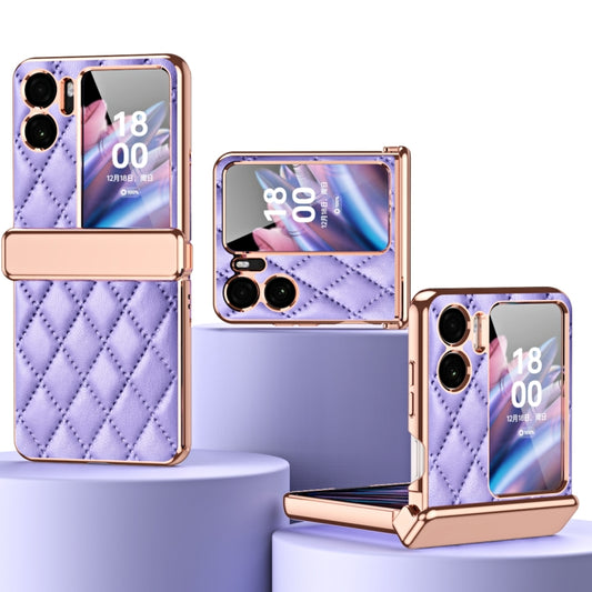 OPPO Find N2 Flip leather magnetic hinge phone case, diamond quilt, purple with rose-gold trim