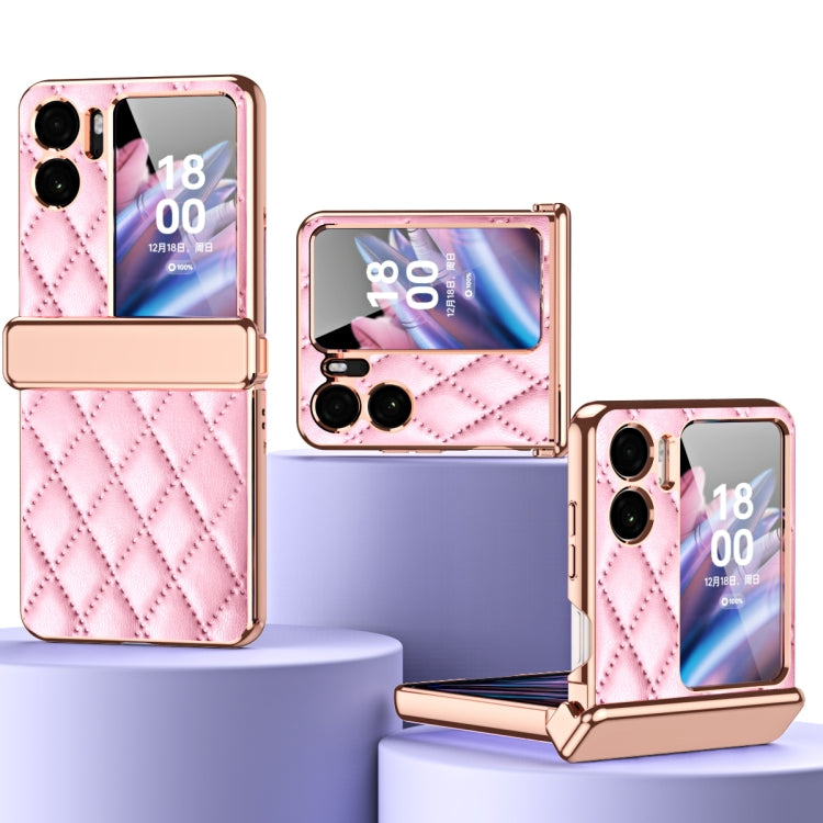 OPPO Find N2 Flip leather magnetic hinge phone case, diamond quilt, pink with rose-gold trim