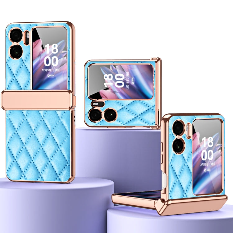 OPPO Find N2 Flip leather magnetic hinge phone case, diamond quilt, blue with rose-gold trim