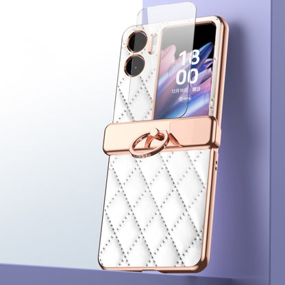 OPPO Find N2 Flip leather magnetic hinge phone case, diamond quilt, white; ring kickstand