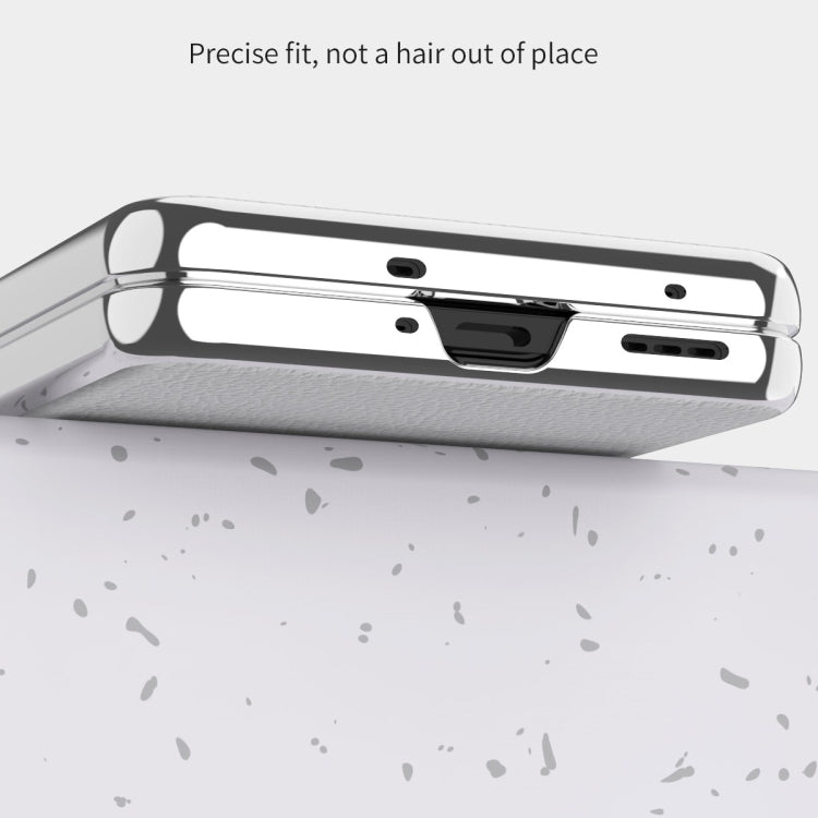 White magnetic flip phone case with metal side frame and cutouts for ports
