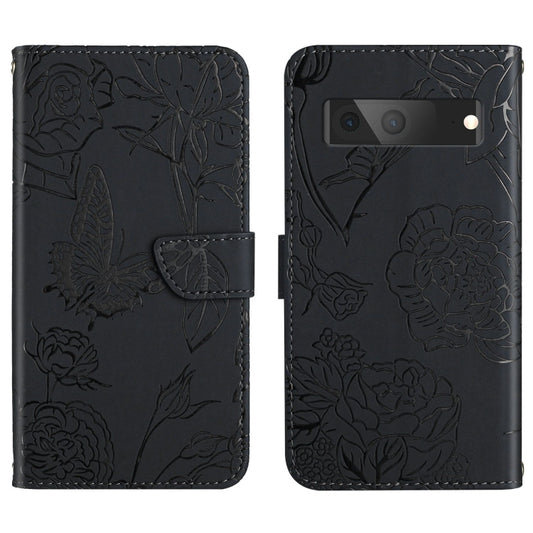 Black embossed leather phone case with butterfly and peony floral pattern, card-sleeve flap