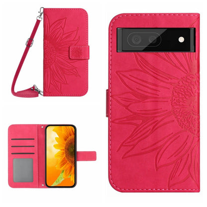 Red flip leather phone case with sunflower pattern and wrist lanyard