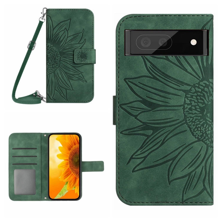 Green flip leather phone case with sunflower pattern and crossbody lanyard