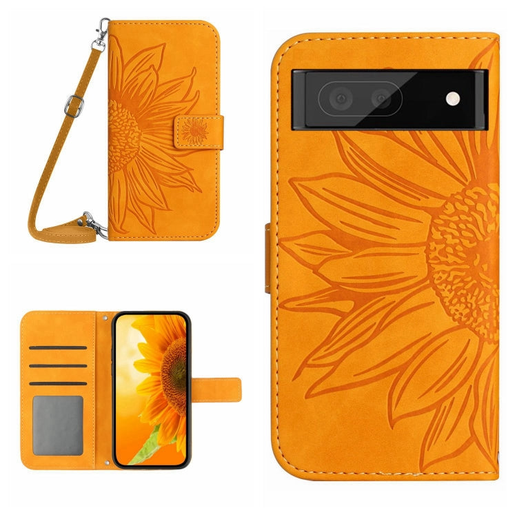 Orange flip leather phone case with sunflower pattern and crossbody lanyard