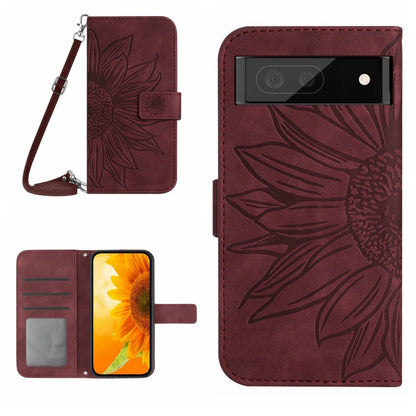 Sunflower-pattern flip leather phone case with lanyard strap, card slots, dark red.