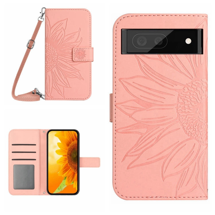 Sunflower-pattern flip leather phone case with lanyard strap, card slots, pink.