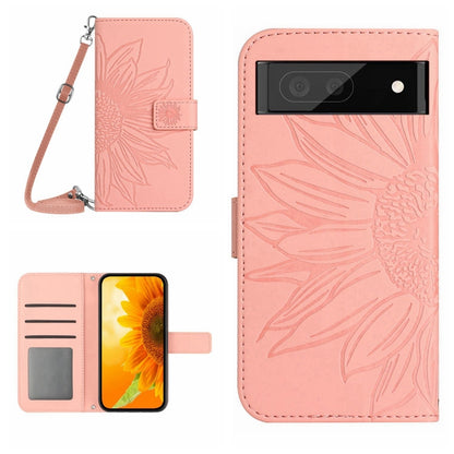Sunflower-pattern flip leather phone case with lanyard strap, card slots, pink.