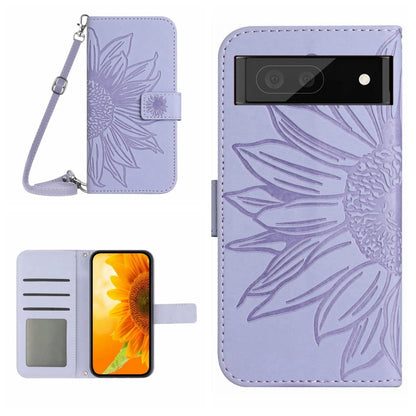 Sunflower-pattern flip leather phone case with lanyard strap, card slots, lavender.