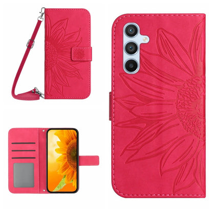 Sunflower-pattern flip leather phone case with lanyard strap, card slots, bright pink.