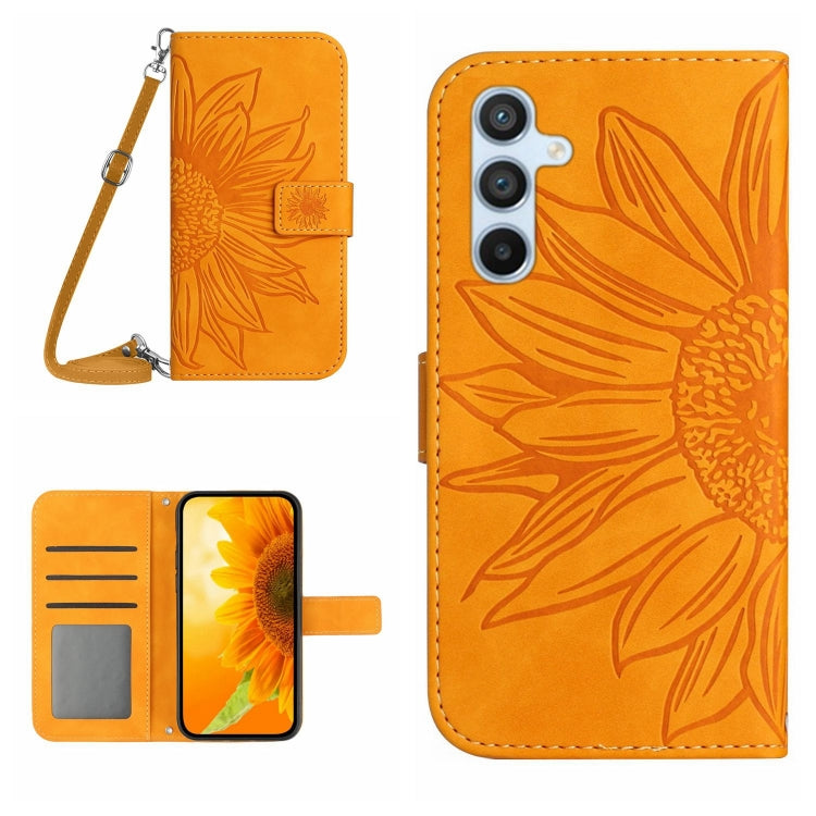 Sunflower-pattern flip leather phone case with lanyard strap, card slots, orange.