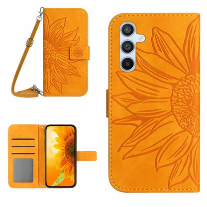 Sunflower-pattern flip leather phone case with lanyard strap, card slots, orange.