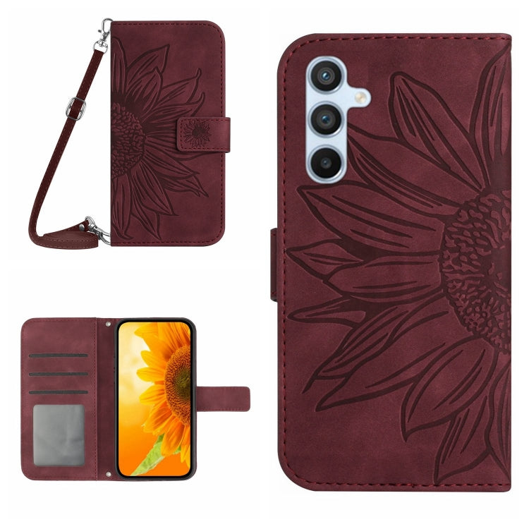 Dark purple flip leather phone case with sunflower pattern, card slots, and lanyard