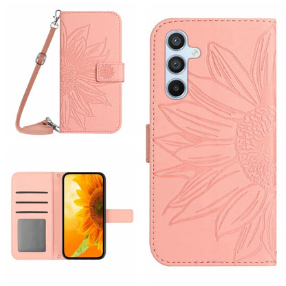 Rose pink flip leather phone case with sunflower pattern, card slots, and lanyard