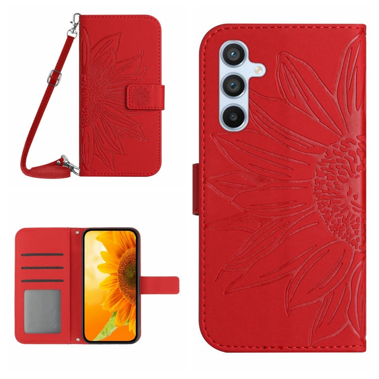 Wine red flip leather phone case with sunflower pattern, card slots, and lanyard