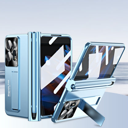 Blue folding phone case with metal hinge and pen slot
