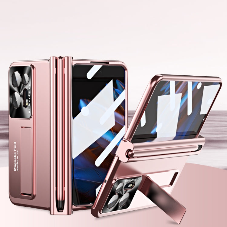 Rose gold folding phone case with metal hinge and pen slot