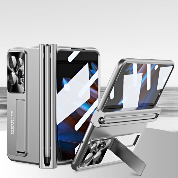 Silver folding phone case with metal hinge and pen slot